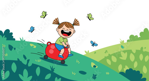 Joyful girl with pigtails riding a red hopper ball down a green grassy hill surrounded by colorful butterflies.