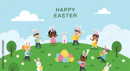 Happy diverse kids wearing bunny ears and playing together on a grassy hill filled with Easter eggs and flowers.