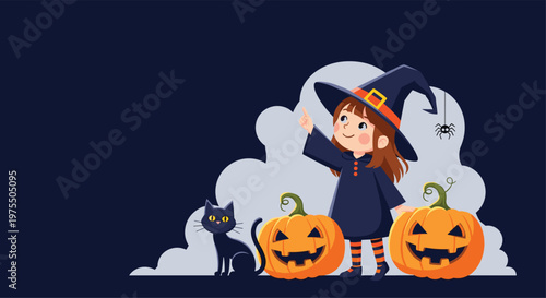 Young witch girl pointing up at the sky while standing with two carved pumpkins and a black cat under the moon.