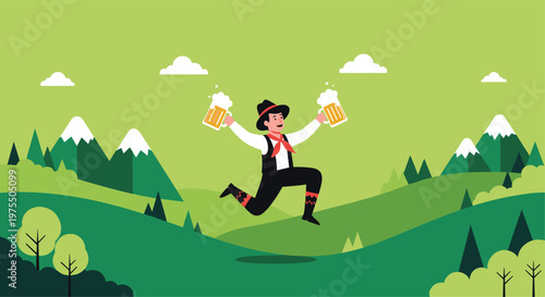 Man in traditional German lederhosen jumping for joy while holding two large mugs of beer in a mountain landscape.