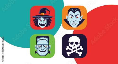 Set of four halloween character avatars featuring a witch, vampire, frankenstein monster, and a skull with crossbones.