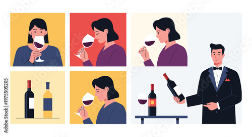 Series of illustrations shows a woman tasting and smelling wine while a sommelier presents a bottle in a formal setting.