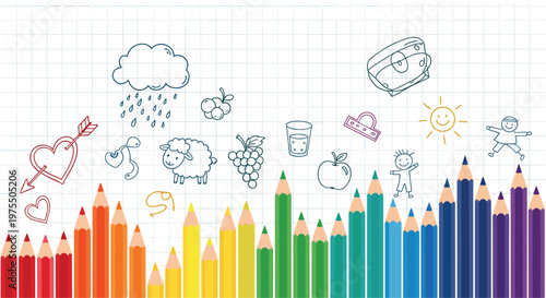 Diverse row of colorful pencils sits below playful doodles of a cloud, sheep, fruit, and children on a graph paper background.