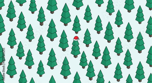 Isometric forest of green pine trees features one hidden tree wearing a red and white santa claus hat in the center.