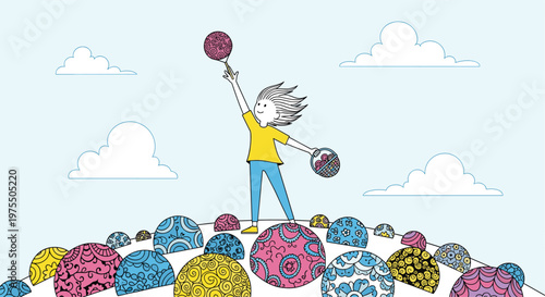 Cheerful girl stands on a hill of colorful patterned balls and reaches up for a floating ball while holding a full basket.