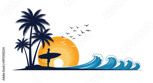 Silhouette of a surfer holding a board stands on a beach at sunset next to palm trees and crashing ocean waves, under birds.