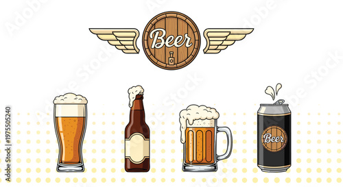 Selection of beer serving options includes glass, bottle, mug, and can, topped with a wooden barrel logo featuring wings.