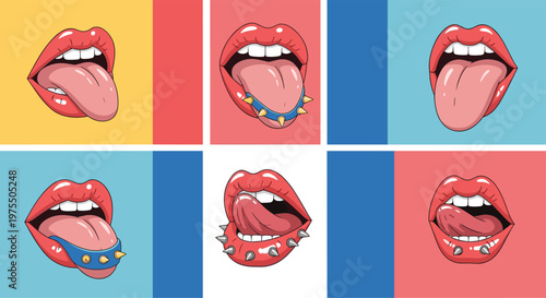 Pop art style grid displays six human mouths with tongues sticking out, some featuring blue collars with metal spikes.