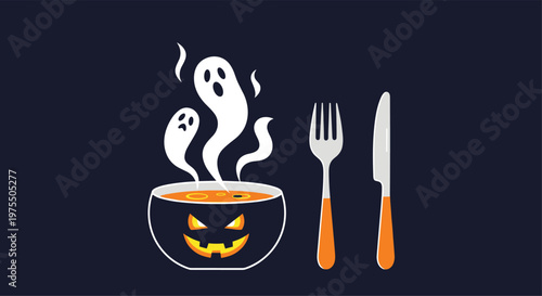 Spooky black bowl with a jack o lantern face contains steaming orange soup with floating ghosts and table cutlery.