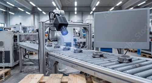 Machine vision camera over conveyor in automated factory line