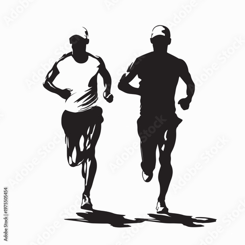 Marathon Competition Male Runners Front View Silhouette Vector 