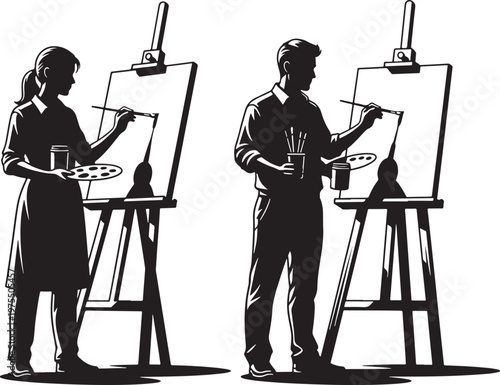 Vintage woodcut style artists painting on canvas, male and female painters at easels, black and white silhouette vector illustration of art studio