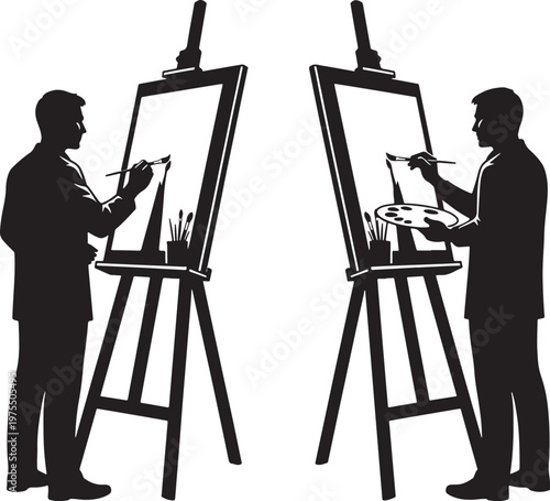 Black and white artist silhouette vector, male painter standing at wooden easel with canvas, creative art studio illustration for hobby and education