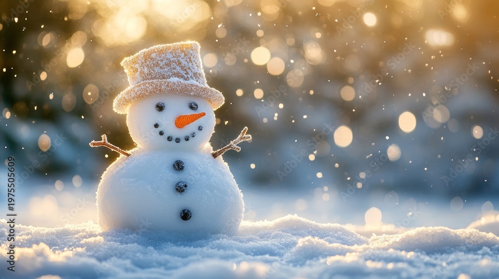 Obraz premium 79.Festive snowy landscape with a friendly snowman featuring a reflective bucket hat, sculpted snow body, subtle shadows, and a backdrop of softly blurred snowfall creating a dreamy winter mood.