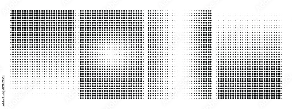 Fototapeta premium Abstract black halftone square gradient set on white background. Modern digital stipple effect collection for video transitions, cinematic overlays, and minimalist graphic design templates.