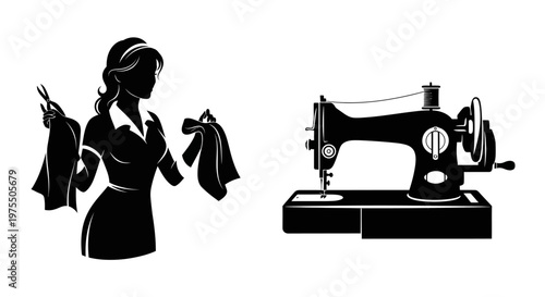 A vintage sewing machine and a seamstress with fabric and scissors