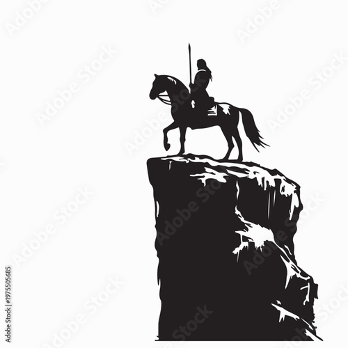 Horse Warrior on Cliff Edge Scouting Enemy Silhouette Vector Illustration
