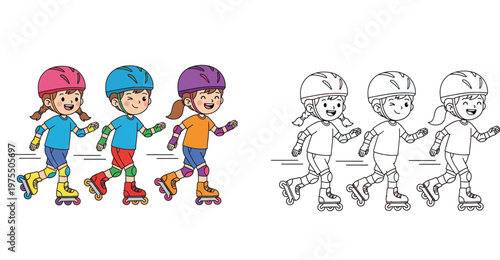 Set of Happy Kids Rollerblading Outdoors with Colored and Line Art Versions, Children Skating with Safety Helmets and Pads for Coloring Book and Creative Design Illustration