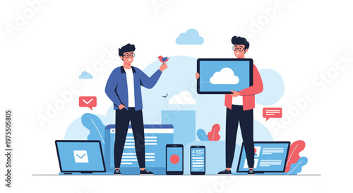 Two professionals collaborate using laptops, tablets, and smartphones connected to a central cloud storage system for data sharing.