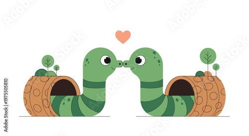 Two cute green worms face each other affectionately inside an orange tunnel with a small pink heart floating above them in the ground.