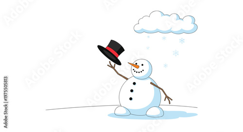 Friendly snowman with a carrot nose and coal buttons tips his black top hat while standing under a small snowing cloud during winter.