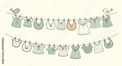 Charming illustration of various baby dresses, shirts, and bibs hanging on two clotheslines with small blue and white birds.
