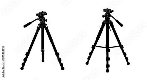 Two black silhouettes of professional camera tripods against a white background