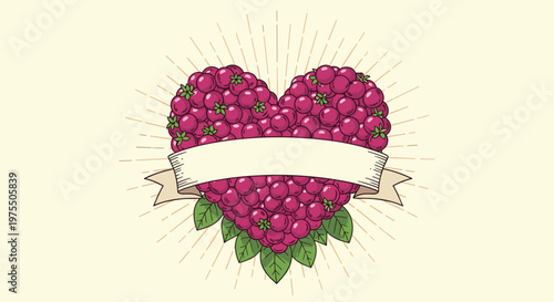 Creative composition of many red raspberries arranged in a heart shape with a blank banner and light sunburst background.