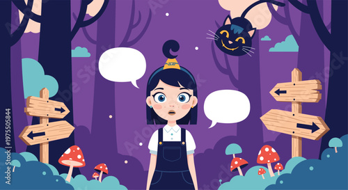 Young girl with blue hair looks surprised in a magical purple forest with a floating black cat and multiple wooden signposts.