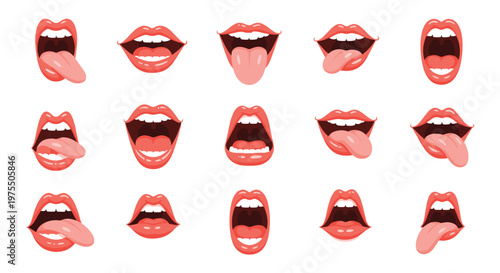 Detailed set of fifteen individual illustrations showing various positions of an open mouth, teeth, and tongue for speech or expression.