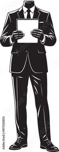 Headless businessman in black suit holding document, faceless professional man in formal attire, corporate worker vector illustration