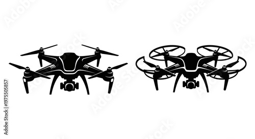 Two black silhouettes of modern drones with propellers and cameras
