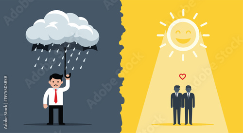 Visual contrast between a sad businessman under a rainy cloud and a happy couple standing together in a warm ray of sunshine for positivity.