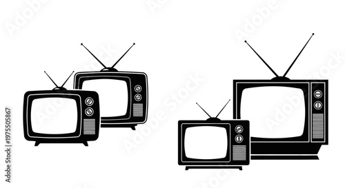 A collection of vintage televisions in a black and white illustration