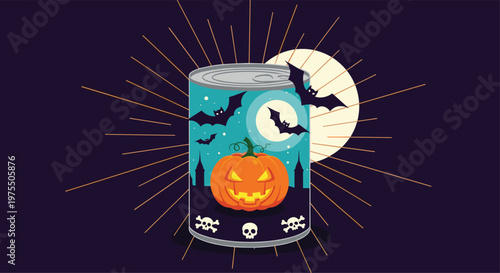 Spooky halloween tin can featuring a carved orange pumpkin, black bats, skulls, and a large full moon on a dark background.