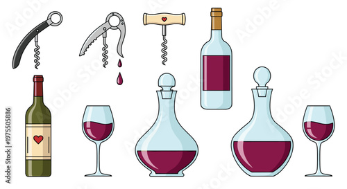 Set of wine accessories including various corkscrews, glass decanters, bottles of red wine, and half-full wine glasses.