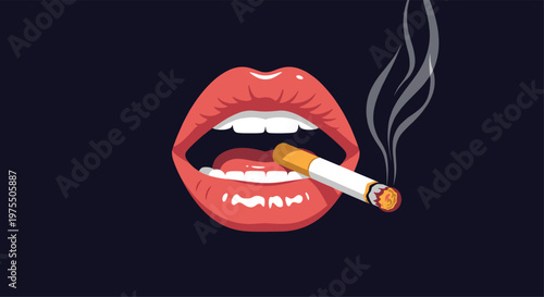 Close-up of bright red open lips holding a lit cigarette with a swirling plume of gray smoke on a dark background for health awareness.