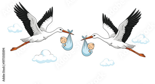 Two graceful storks fly through a bright blue sky with white clouds while carrying smiling babies in light blue bundles for delivery.