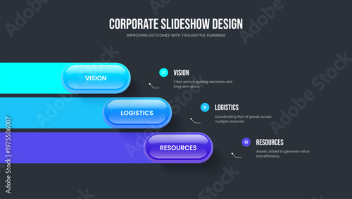 Professional Introduction Presentation Template Vector Illustration. Market Performance Three Option Diagram Slide Layout. Creative Review 3 Element Infographic Slideshow Design.