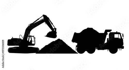 Silhouette of an excavator and dump truck working at a construction site