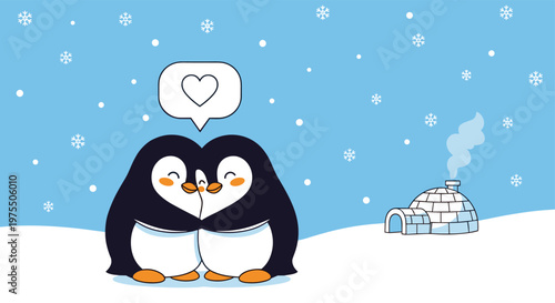 Pair of cute penguins share a warm hug in a cold winter landscape with a cozy igloo and falling snowflakes in the distance.