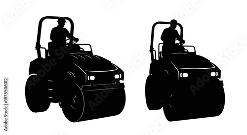 Silhouettes of two road rollers with operators isolated on white background