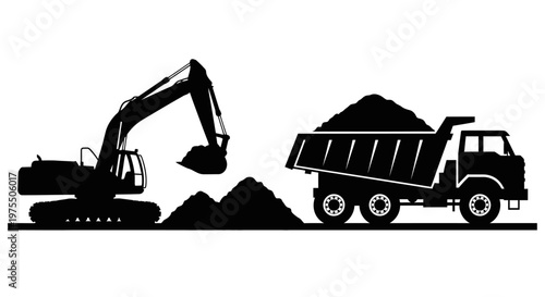 Black silhouette illustration of an excavator and dump truck working