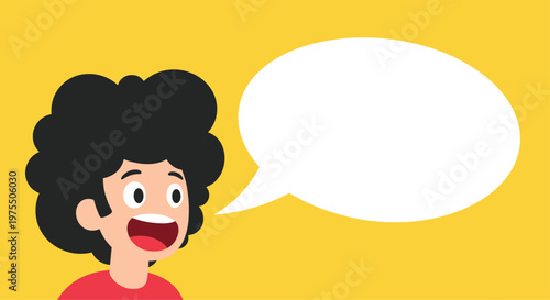 Animated man with a large black afro speaks enthusiastically with a giant empty white speech bubble on a yellow background.