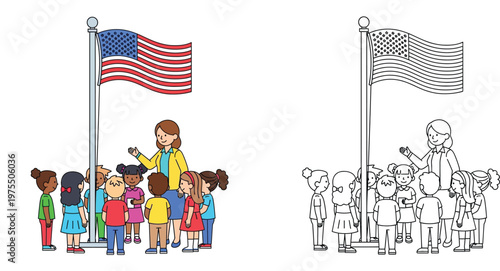 Teacher and Diverse Group of Kids Standing by the American Flag - Color and Line Art Versions for Education, Patriotic Holidays and Coloring Pages