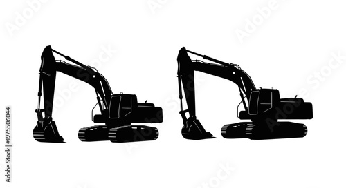 Silhouettes of two heavy duty excavators against a white background