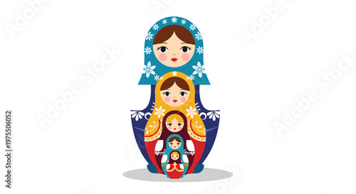 Stack of traditional Russian matryoshka dolls in various sizes and colors are displayed in a clean vertical arrangement.