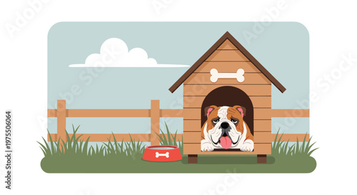 Grumpy bulldog rests comfortably inside a wooden doghouse in a backyard with a white fence and a red water bowl nearby.
