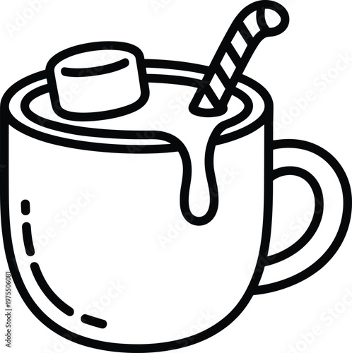 Mug of hot cocoa with marshmallow and striped candy cane