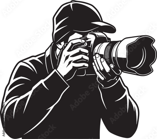 Professional photographer vector illustration, man with dslr camera and telephoto lens, black and white paparazzi silhouette icon for media and press